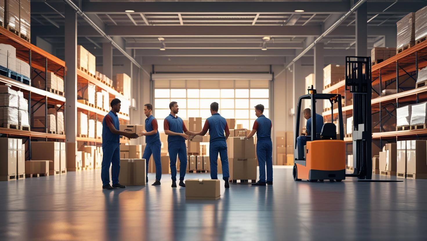 A team of warehouse workers efficiently managing goods, representing reliable temporary workforce solutions.