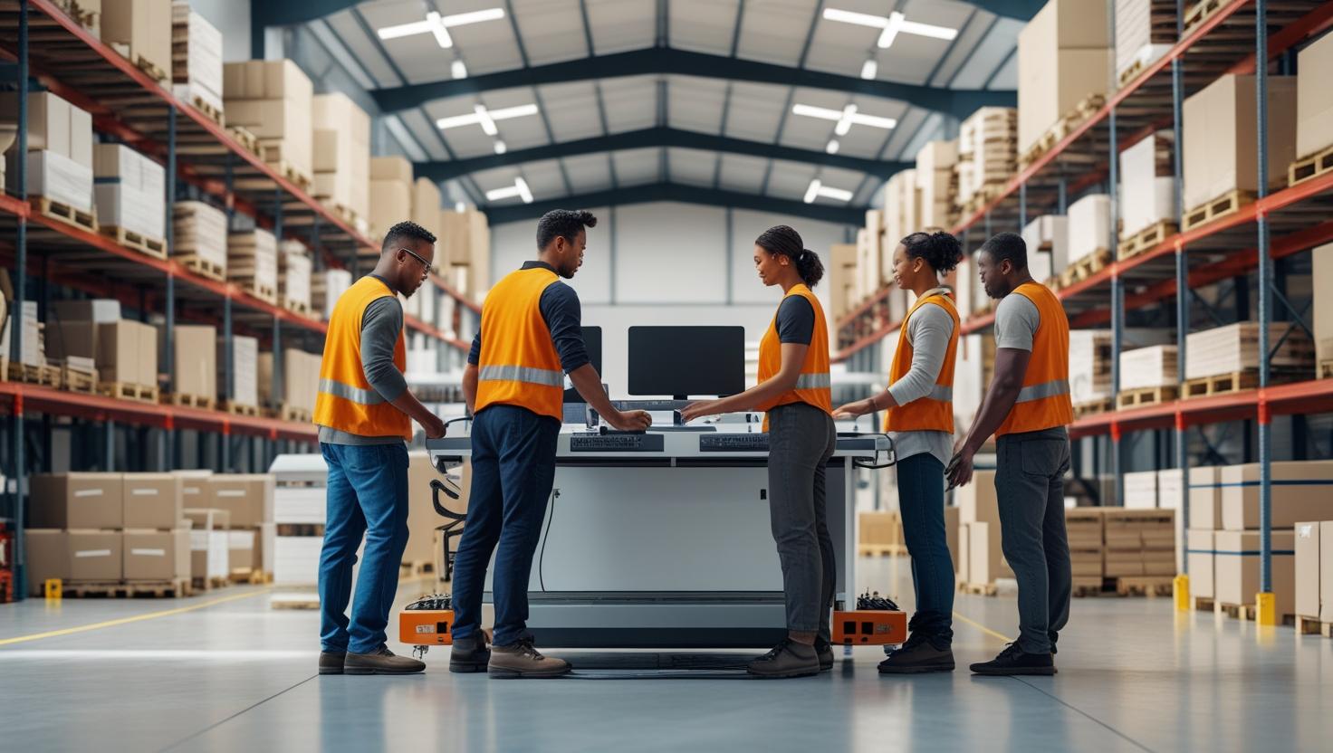A busy UK warehouse floor with staff handling packages, illustrating the need for efficient warehouse staffing solutions.