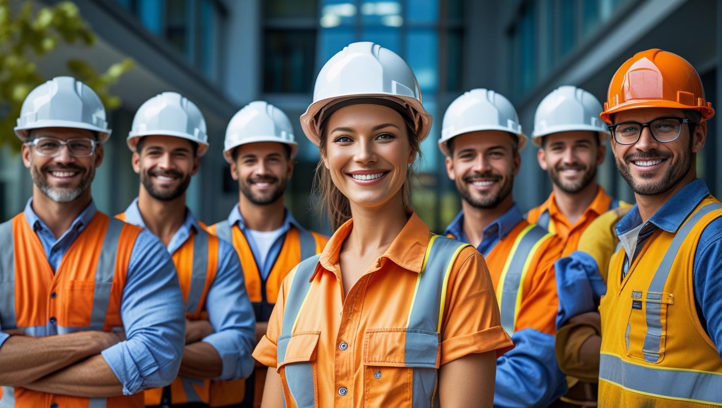 A team of construction workers and a site manager reviewing blueprints at a high-rise construction site, showcasing professional collaboration.