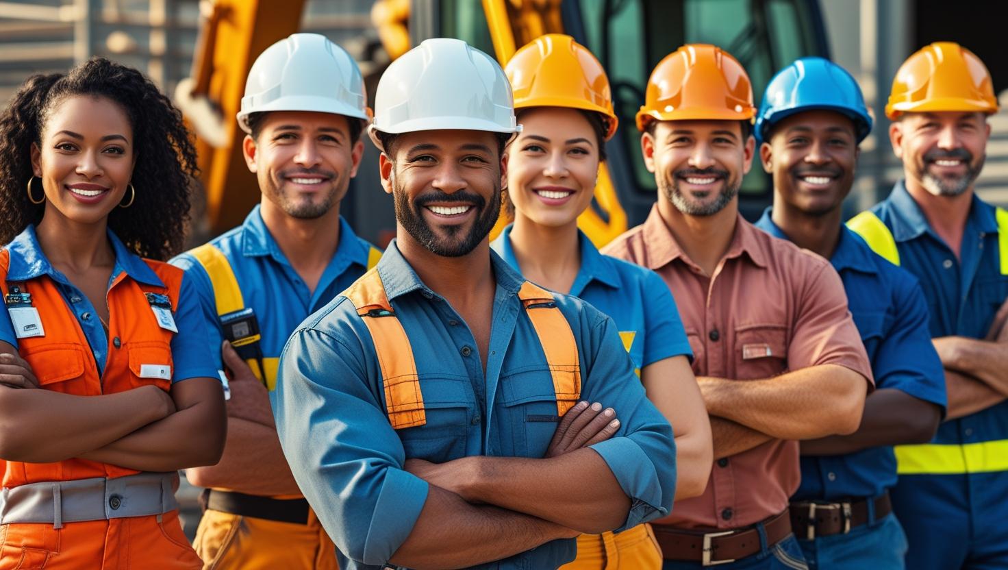 Diverse group of construction professionals, including a female engineer, reviewing blueprints.