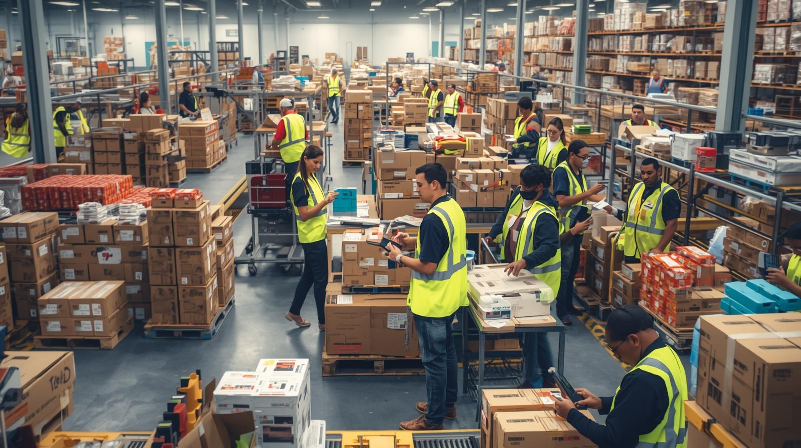 A focused warehouse picker using an RF scanner to locate an item on a shelf.