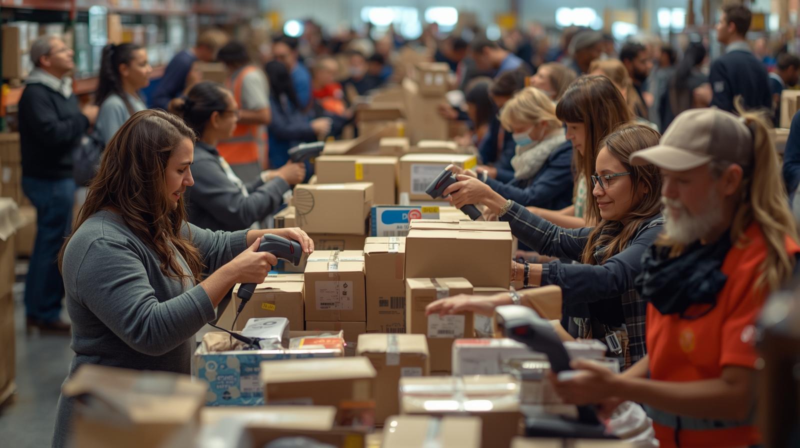 A warehouse worker at a packing station, carefully preparing a parcel for dispatch.