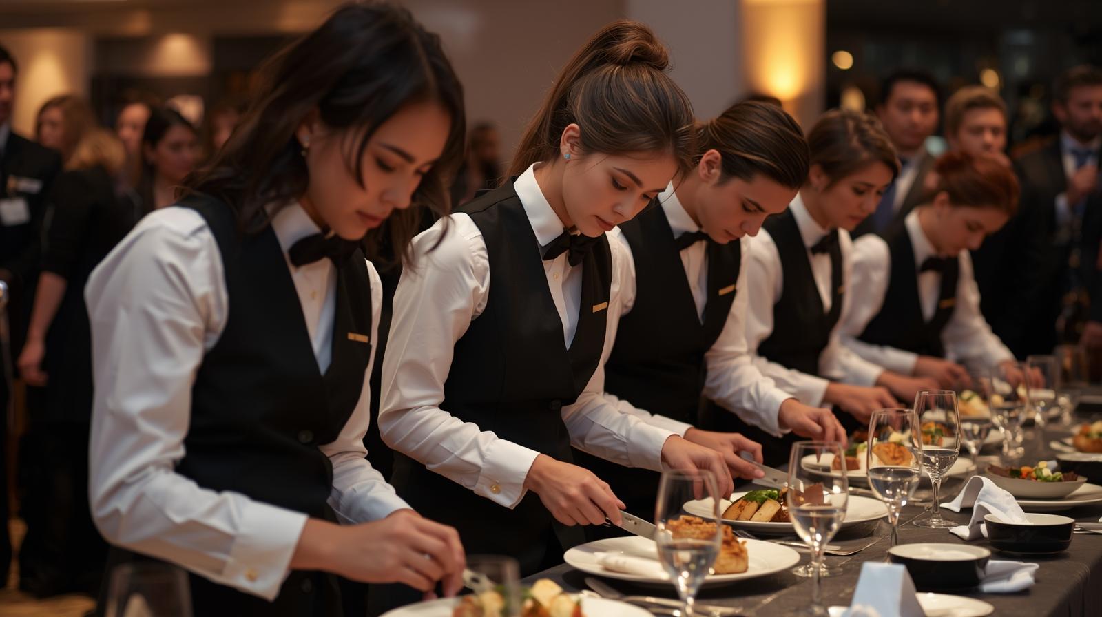 A diverse group of event staff, some in discussion, others attentive, demonstrating professionalism and readiness for any event challenge.