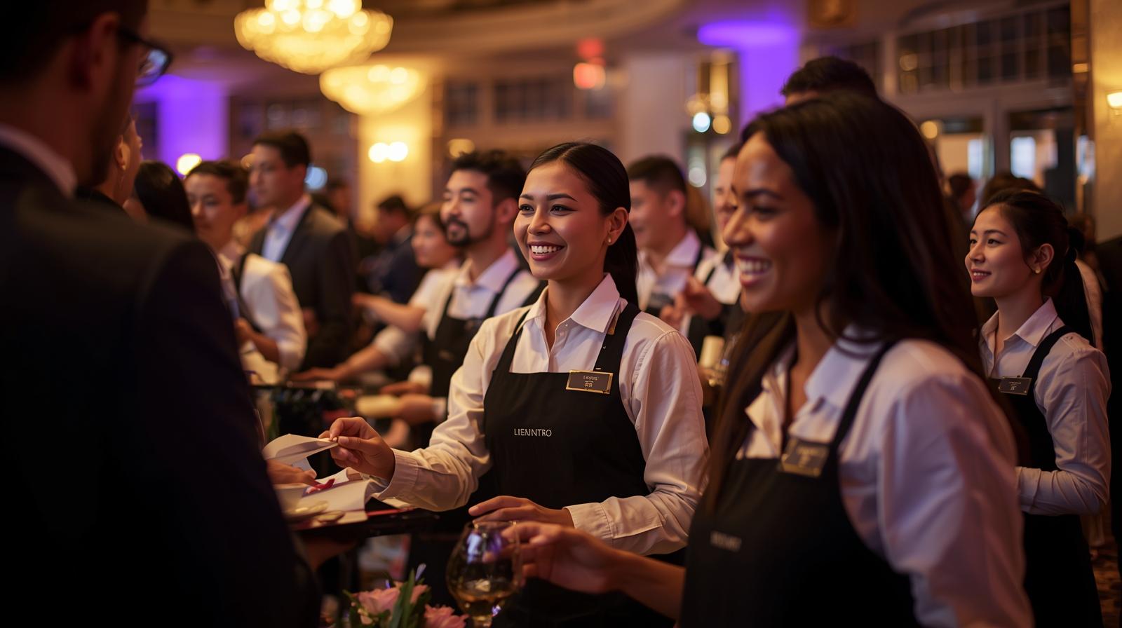 A team of event staff in smart uniforms, working together to set up an event space, demonstrating teamwork and efficiency.