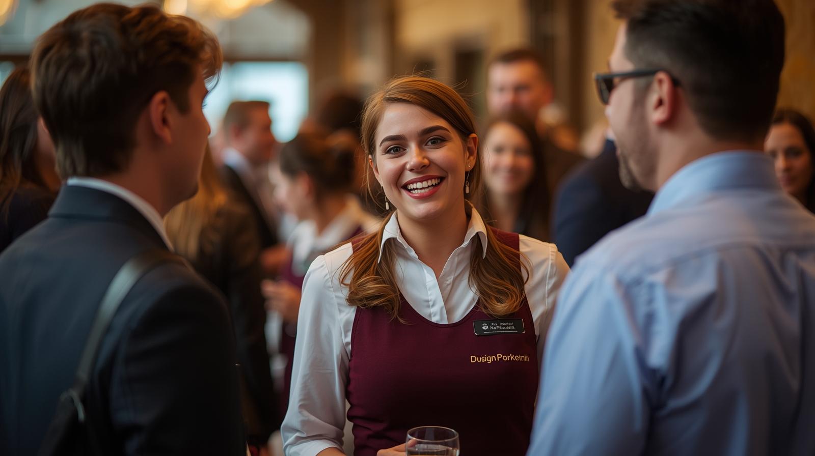 A group of smiling, professional event staff members in black uniforms, ready to assist at an event in London.