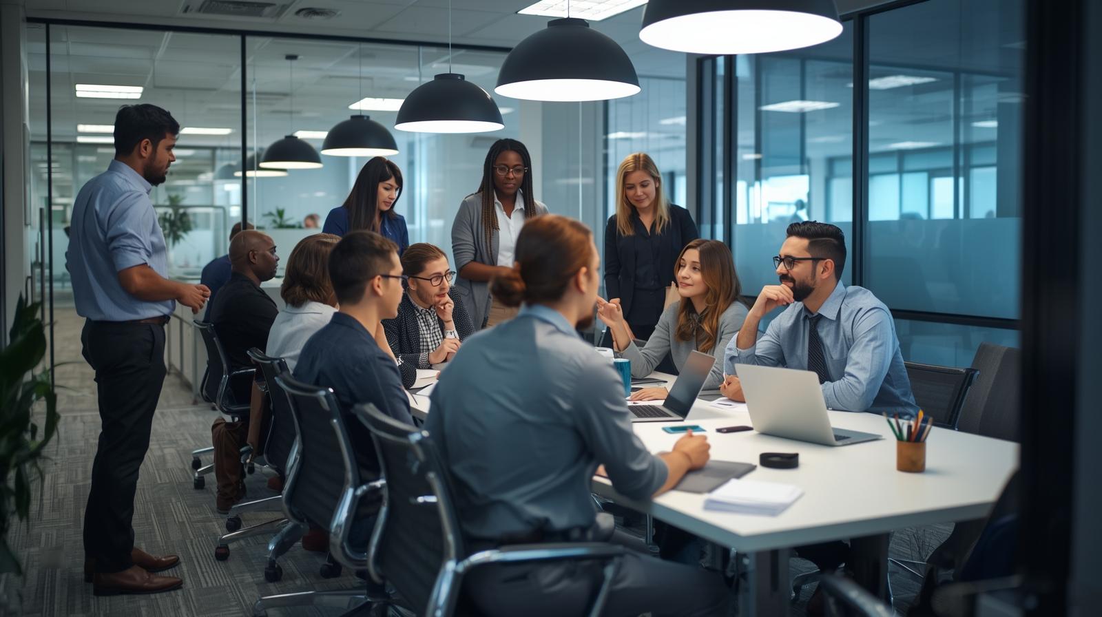 A professional woman leading a project meeting, symbolizing project-based workforce solutions and effective team management.