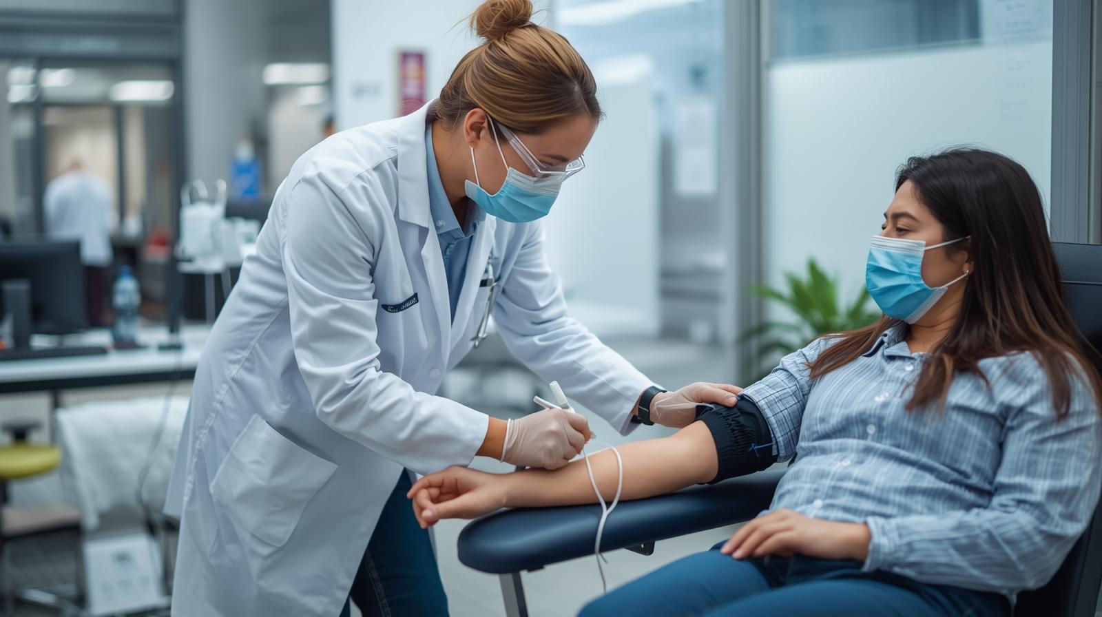 A phlebotomist in blue scrubs, smiling and interacting with a patient, demonstrating excellent bedside manner.