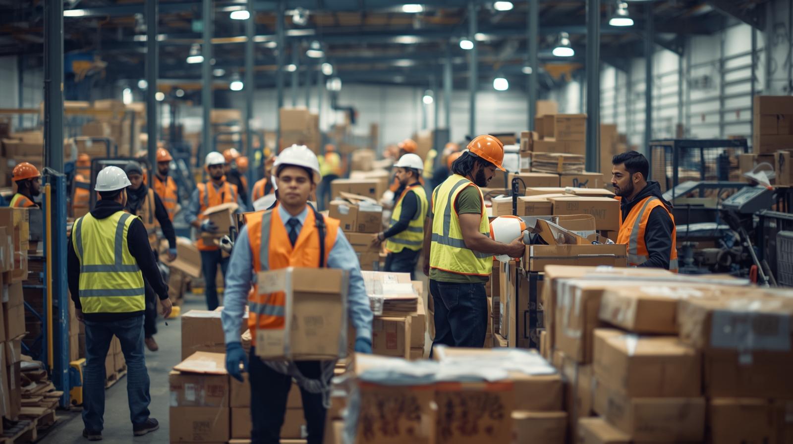 A team of skilled warehouse operatives efficiently managing inventory in a large, modern Birmingham distribution center.
