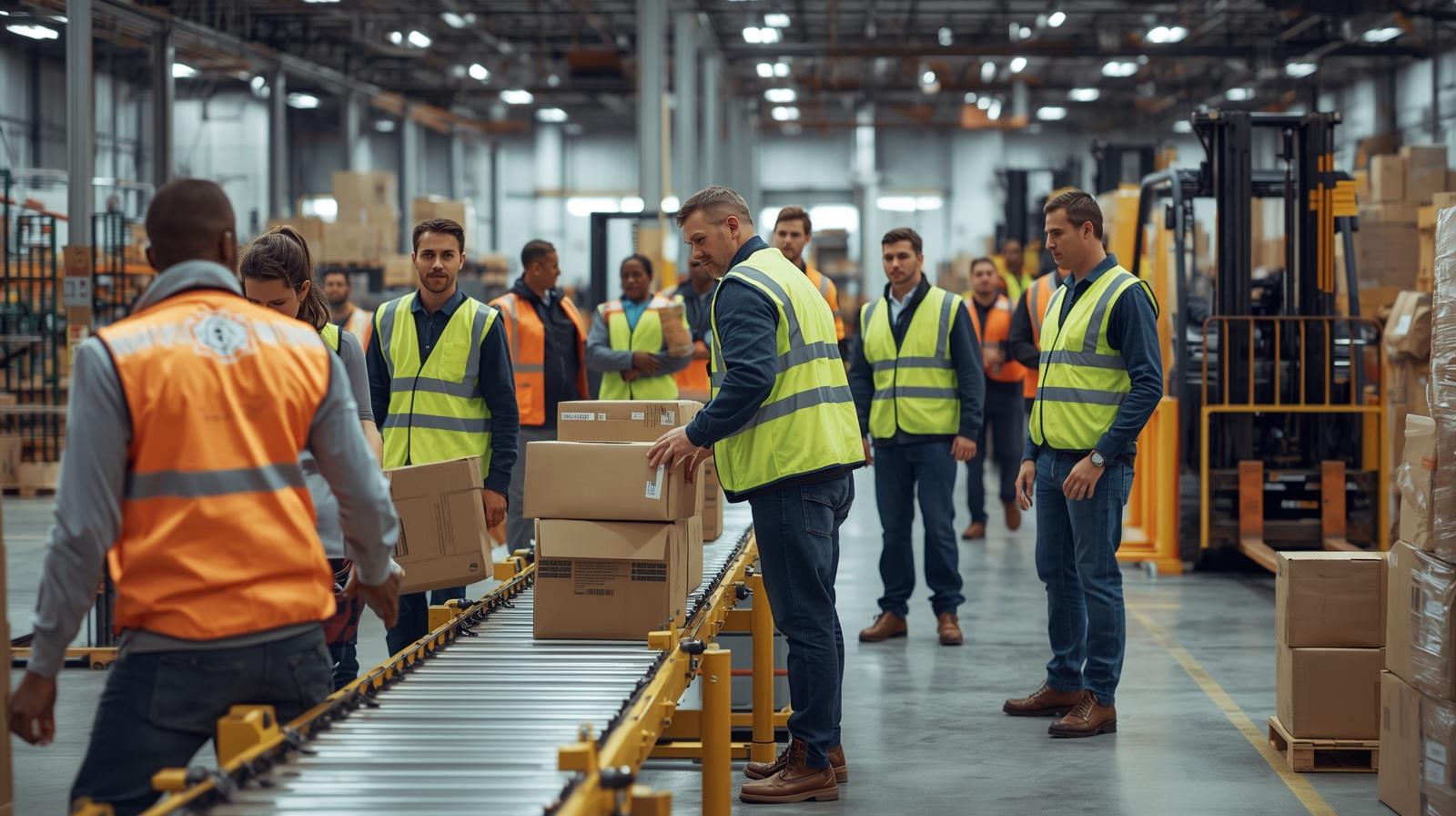 A confident warehouse operative using a modern handheld scanner in a clean, well-lit warehouse aisle.