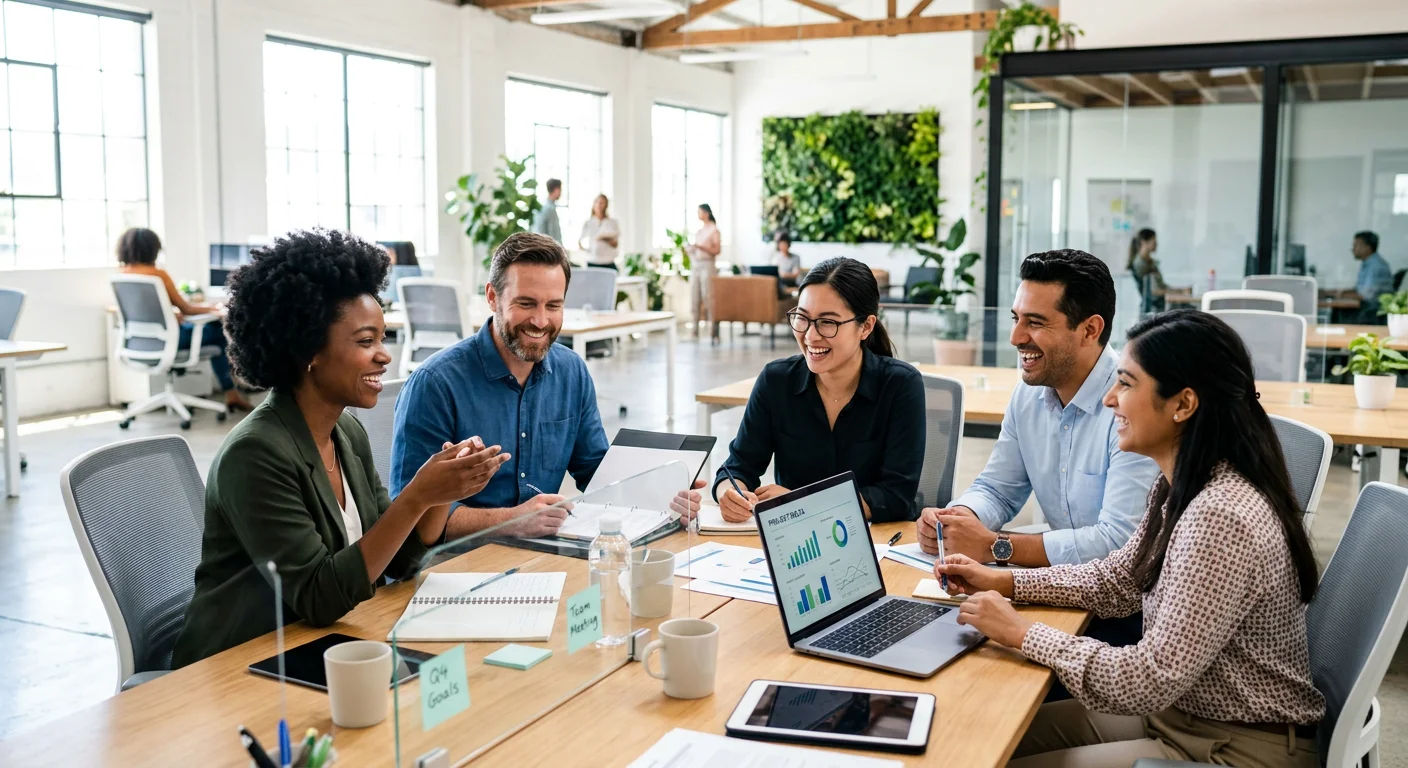 A modern, diverse group of professionals collaborating in a bright, open-plan office, smiling and engaged. Style: Professional stock photo, high contrast, vibrant but natural colours, conveying success and teamwork.