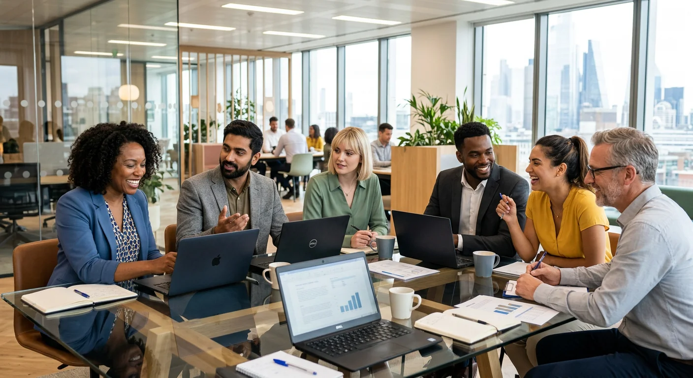 A diverse group of professional, confident-looking employees in a modern office setting, collaborating around a glass table with laptops and documents. Style is professional, bright, and aspirational, focusing on teamwork and success.
