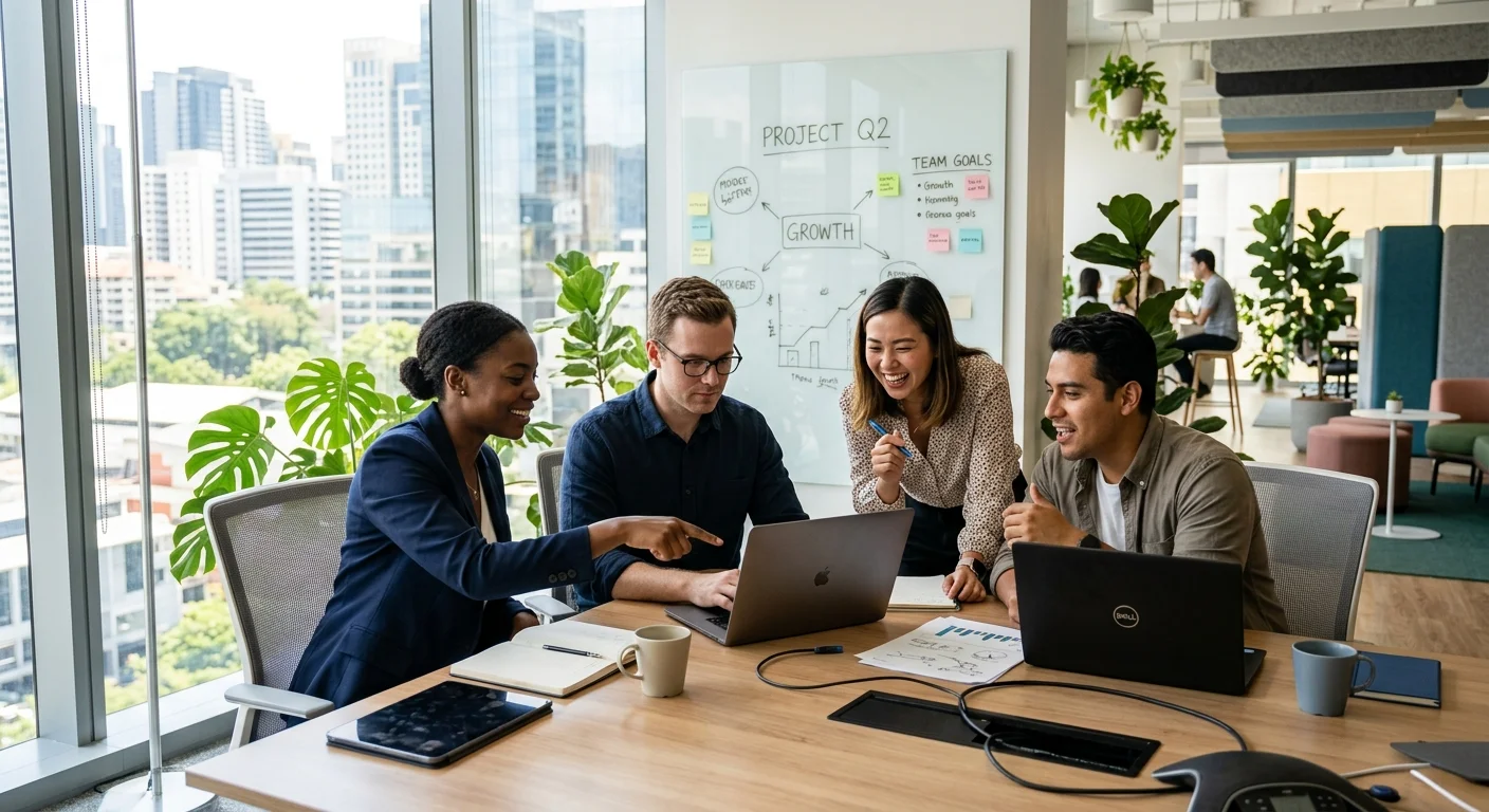 A modern, diverse team of professionals collaborating in a bright, sunlit office, looking engaged and productive. Style is professional stock photography with a focus on human connection and modern business environment.