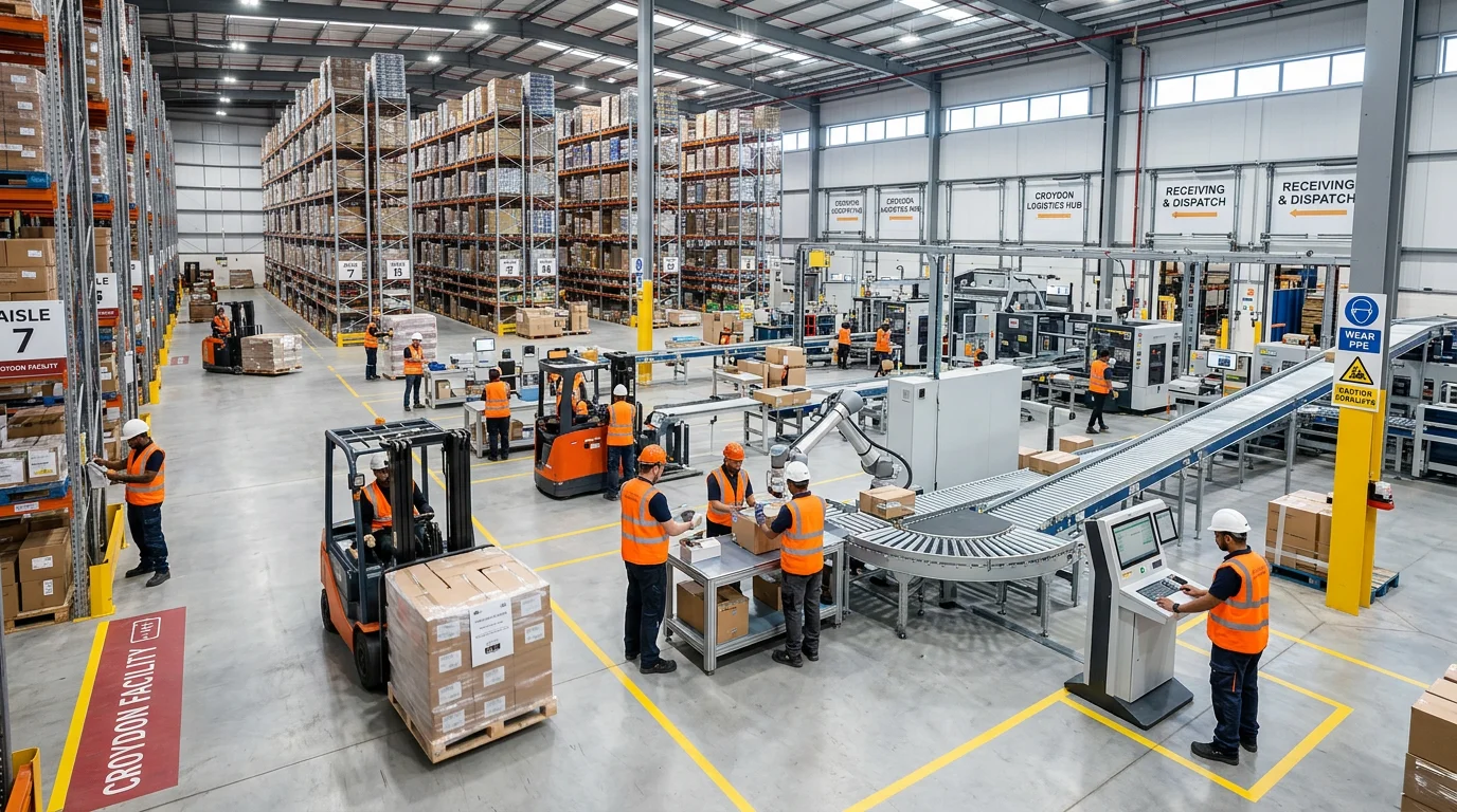Wide-angle, professional shot of a modern, clean factory or warehouse floor in Croydon, with workers... Wide-angle, professional shot of a modern, clean factory or warehouse floor in Croydon, with workers in high-visibility vests operating machinery or managing inventory, conveying activity and opportunity. Style: Bright, crisp, and professional.
