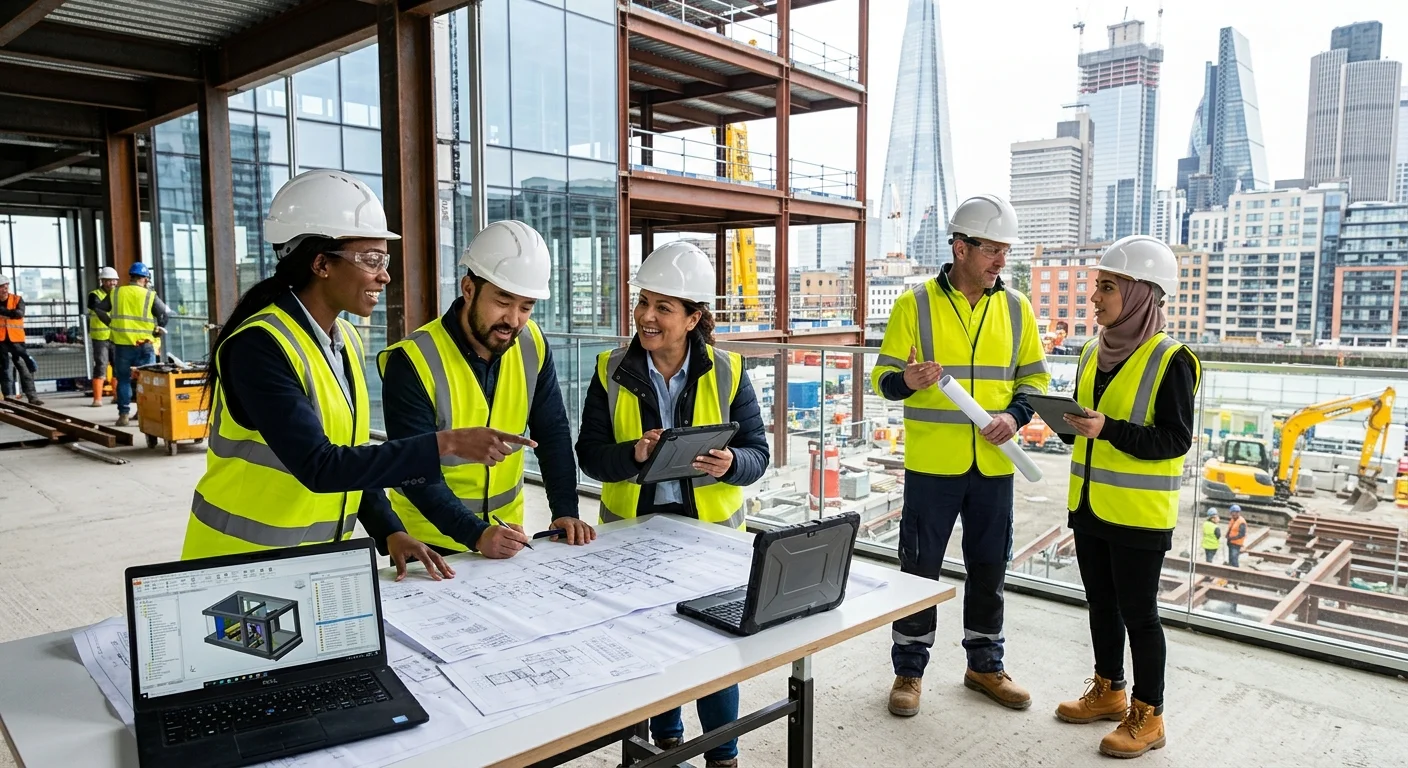 A diverse group of confident, modern professionals collaborating in a bright, open-plan office or on... A diverse group of confident, modern professionals collaborating in a bright, open-plan office or on a contemporary construction site, looking engaged and productive. Style: Professional, aspirational, high-contrast. Mood: Energetic, empowered, forward-thinking.