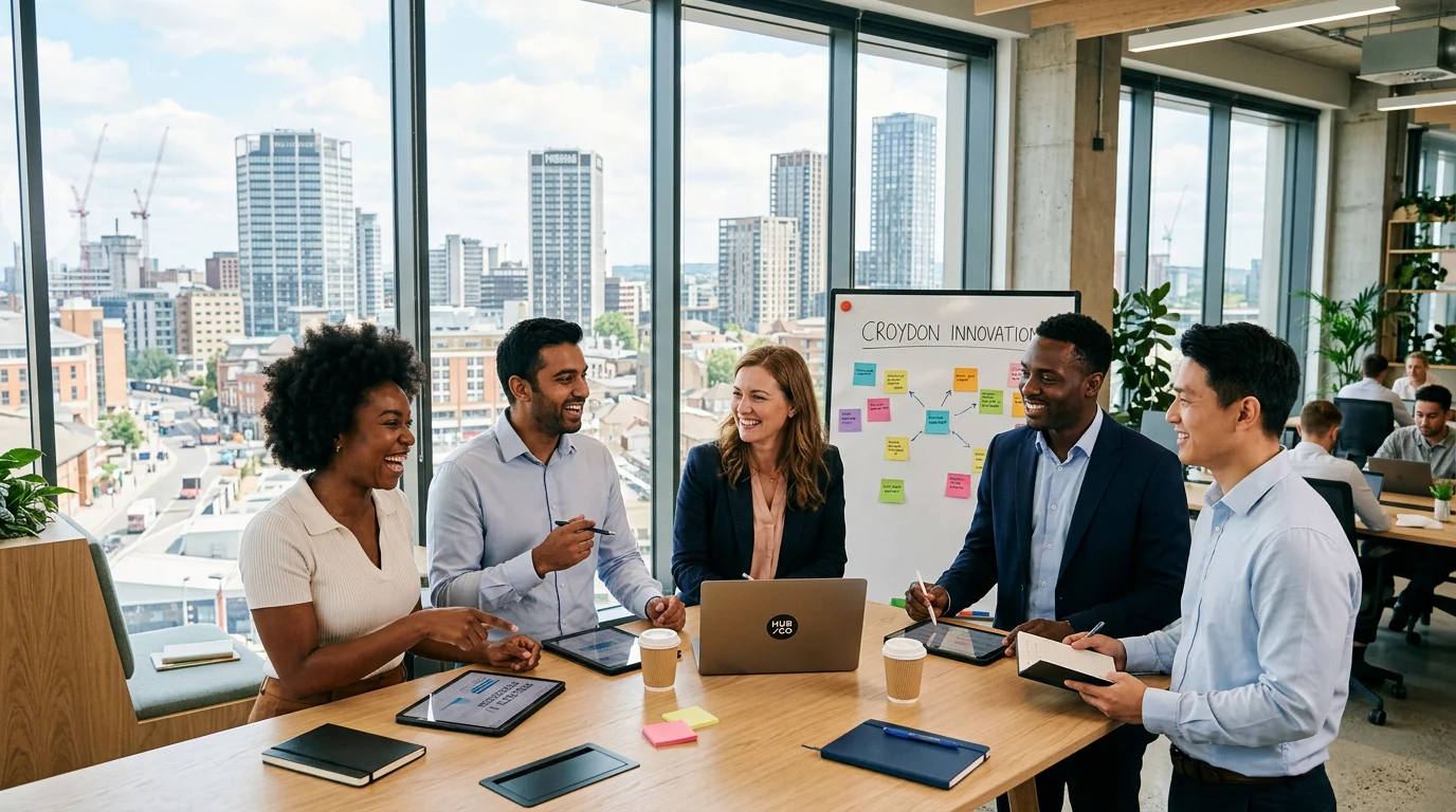 A dynamic, professional hero image showing a diverse group of people smiling and collaborating in a... A dynamic, professional hero image showing a diverse group of people smiling and collaborating in a modern Croydon office setting, with the Croydon skyline visible through a window. Style: Bright, optimistic, and professional. Mood: Energetic and full of opportunity.