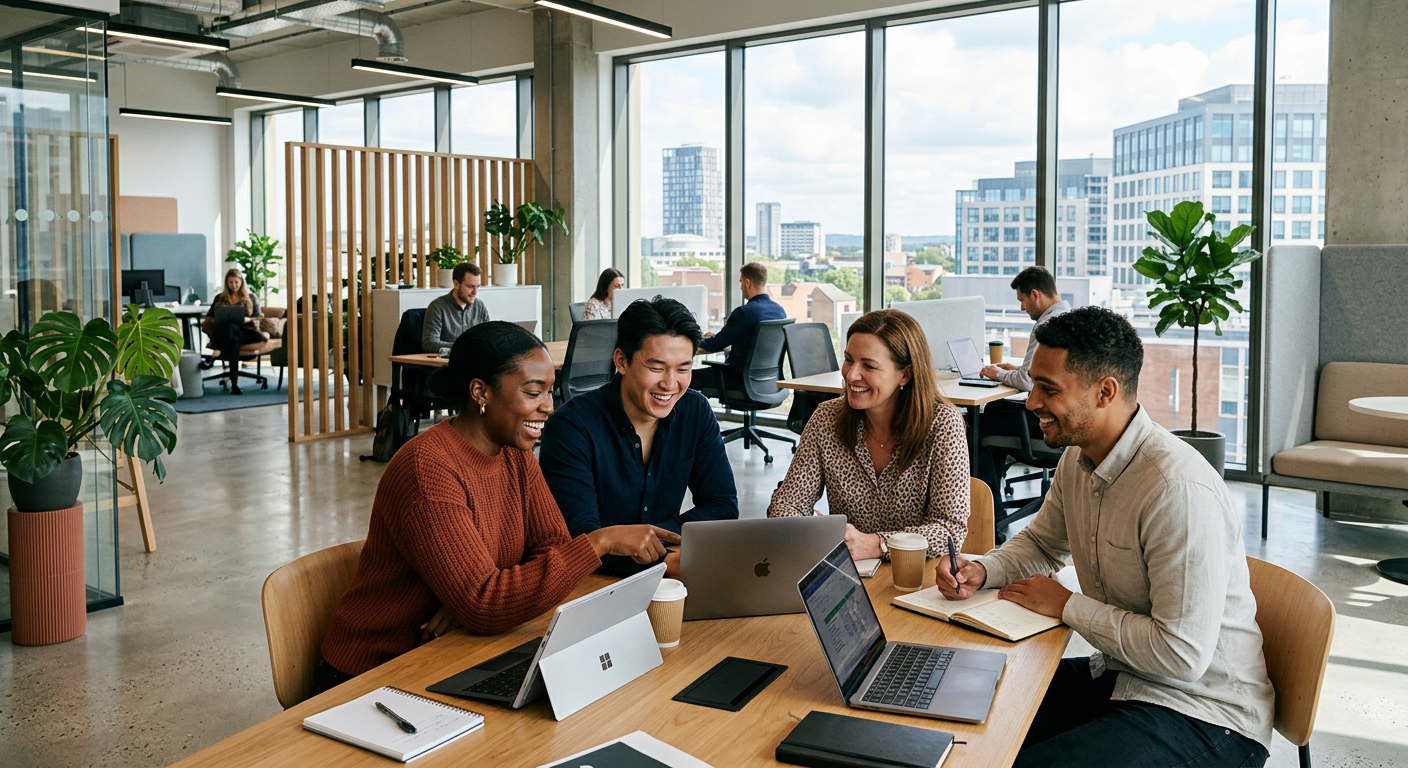 A professional, diverse group of people smiling and collaborating in a modern Croydon office setting, with natural light and laptops, conveying a positive and dynamic work environment.