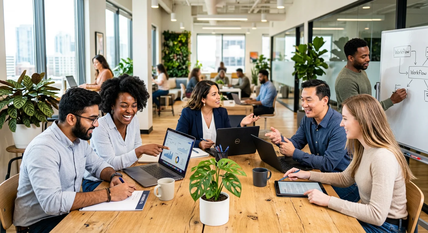 A modern, diverse team of professionals collaborating in a bright, open-plan office, looking engaged and productive. Style: Professional business photography, high contrast, vibrant colours.
