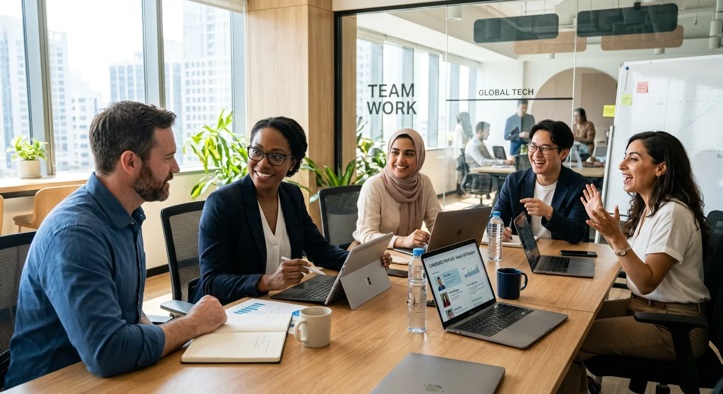 A modern, diverse team of professionals collaborating in a bright, sunlit office. The image should c... A modern, diverse team of professionals collaborating in a bright, sunlit office. The image should convey efficiency, technology, and teamwork, with a focus on a hiring manager reviewing candidate profiles on a tablet screen. Professional and aspirational mood.