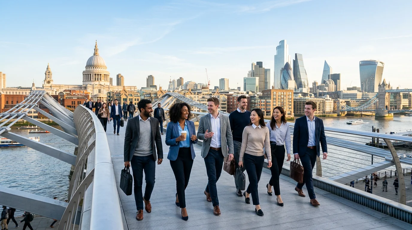 A dynamic, optimistic hero image showing a diverse group of young professionals smiling and walking... A dynamic, optimistic hero image showing a diverse group of young professionals smiling and walking across a modern London bridge (like Millennium Bridge) with iconic skyline in background. Style: Bright, clear, professional photography, mood of opportunity and new beginnings.