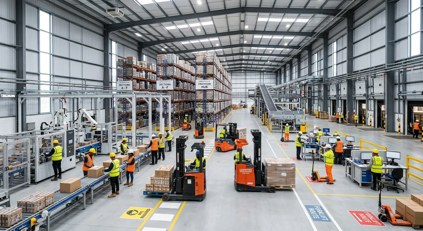 Wide-angle, professional shot of a modern, clean factory or warehouse interior in Croydon, with work... Wide-angle, professional shot of a modern, clean factory or warehouse interior in Croydon, with workers in high-visibility vests operating machinery or managing logistics, conveying a sense of opportunity and industry.