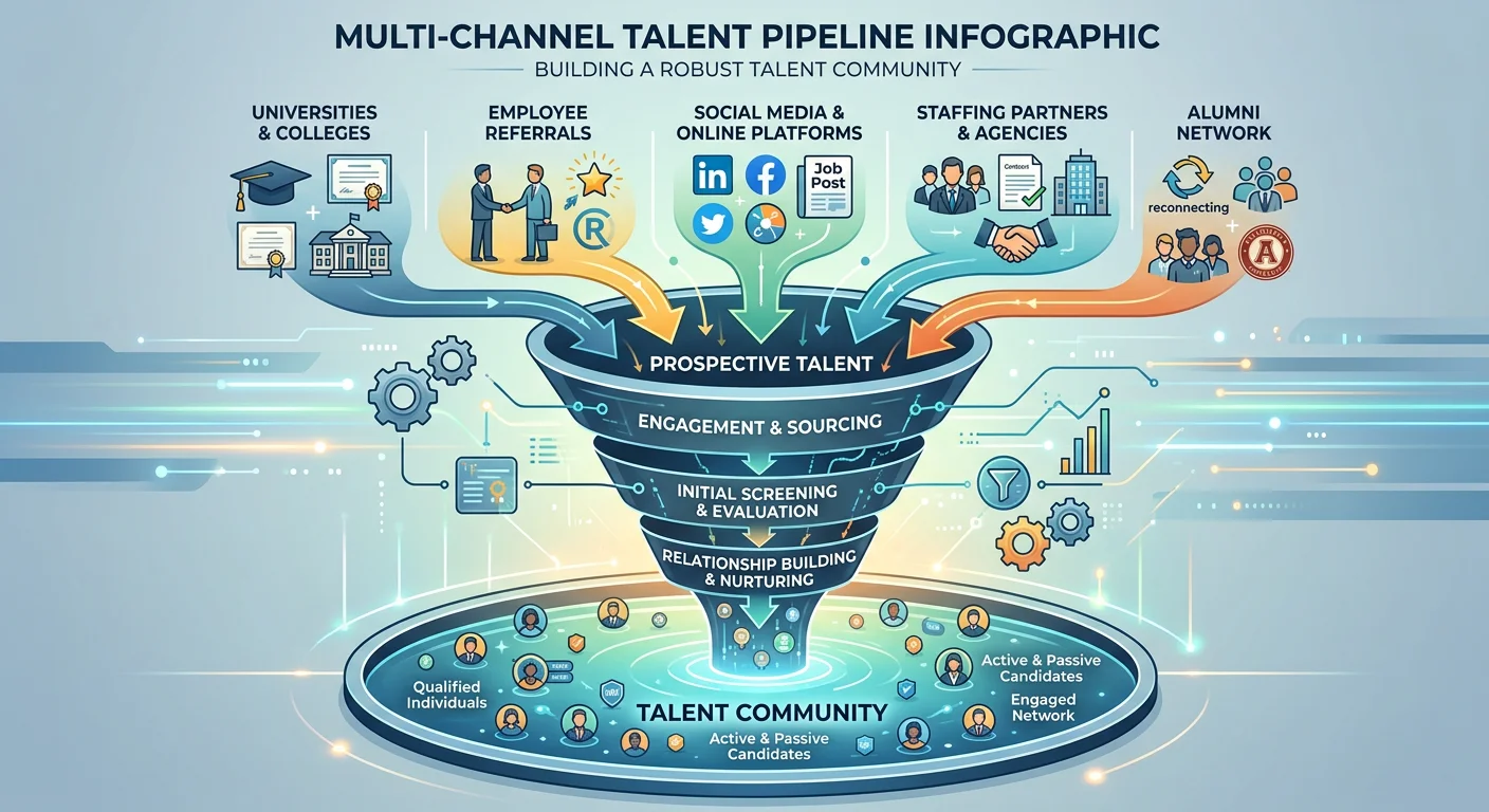 An infographic showing a multi-channel talent pipeline funnel with icons for universities, referrals, social media, staffing partners, and alumni, leading into a 
