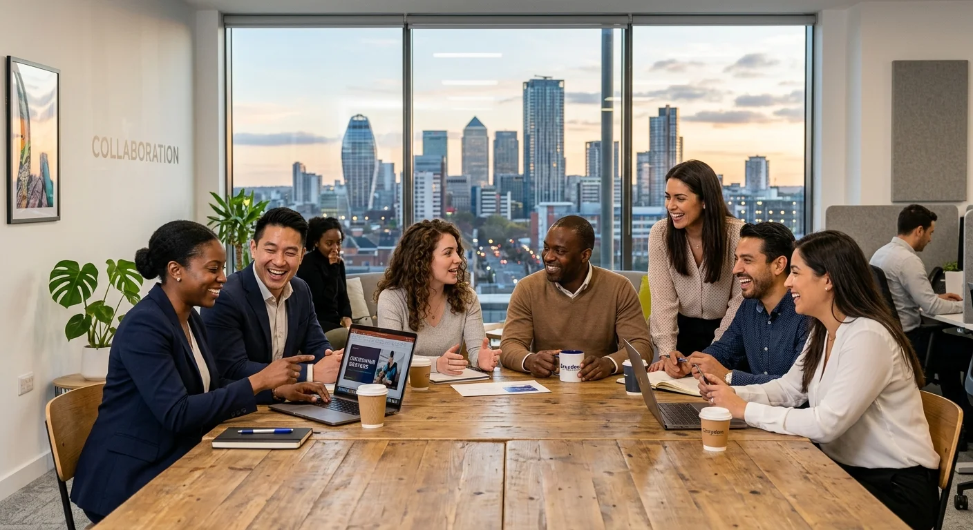 A dynamic, professional hero image showing a diverse group of people in modern business-casual attir... A dynamic, professional hero image showing a diverse group of people in modern business-casual attire, smiling and collaborating in a bright, contemporary office space in Croydon, with the Croydon skyline visible through a window. Style: Professional, inspiring, high-quality stock photo.