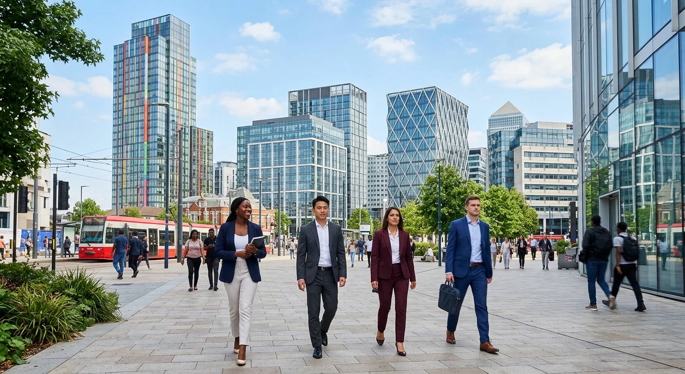 Professional, vibrant photo of Croydon's skyline with modern office buildings, featuring diverse professionals walking confidently in business attire, conveying opportunity and growth.