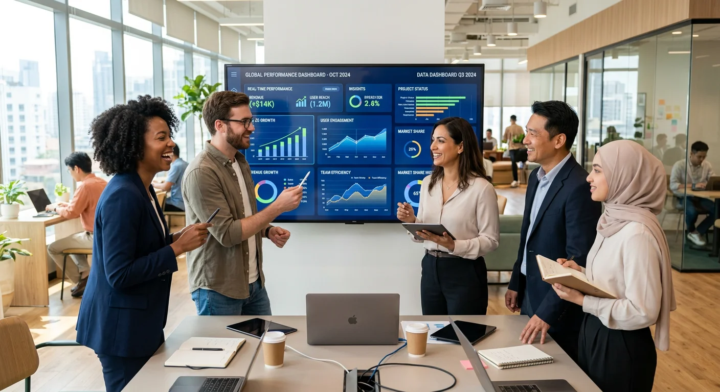 A modern, diverse team of professionals collaborating in a bright, sunlit office, looking at a data... A modern, diverse team of professionals collaborating in a bright, sunlit office, looking at a data dashboard on a large screen. Style: Professional, optimistic, high-resolution stock photo. Mood: Collaborative, innovative, and efficient.
