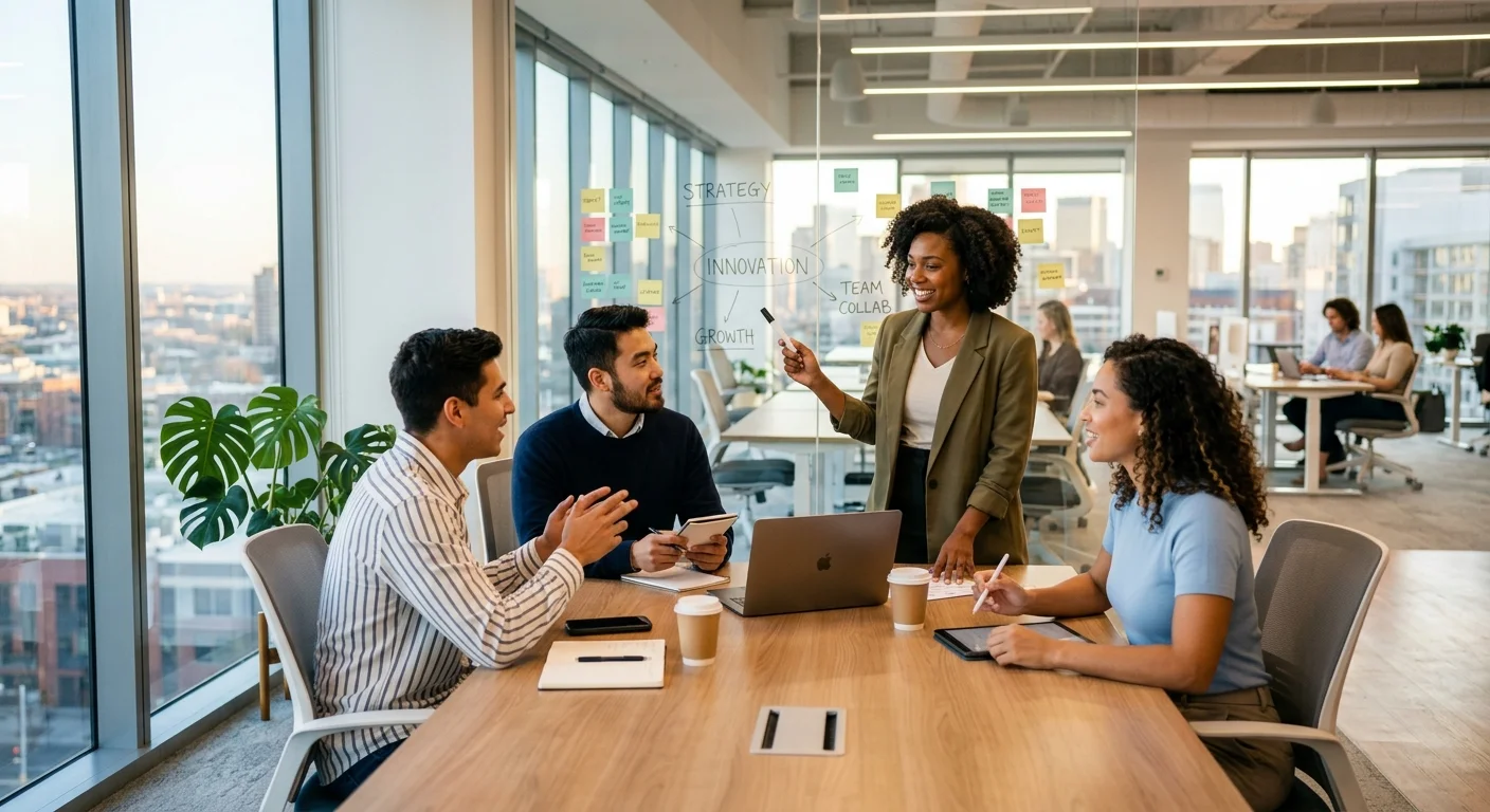 A modern, diverse team of professionals collaborating in a bright, sunlit office. Style is professional, aspirational, and focused on human connection and productivity. Mood is positive, innovative, and forward-thinking.