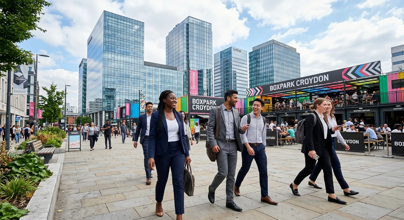 A dynamic, professional photo of the Croydon skyline featuring the Boxpark and modern office buildin... A dynamic, professional photo of the Croydon skyline featuring the Boxpark and modern office buildings, with a diverse group of professionals walking and interacting in the foreground, symbolising opportunity and growth. Bright, optimistic lighting.