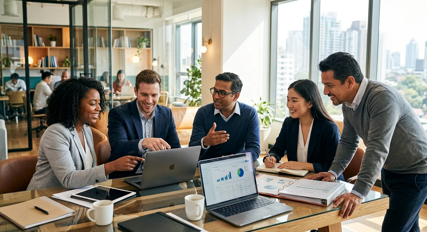 A modern, diverse team of professionals collaborating in a bright, sunlit office, looking confident and engaged. Style: Professional stock photography, high contrast, sharp focus on faces, conveying success and teamwork.