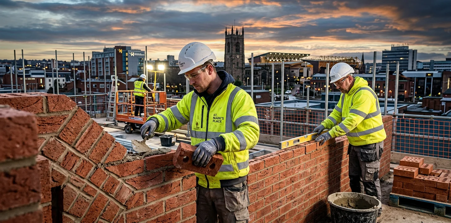 A professional, high-contrast hero image of skilled bricklayers at work on a modern construction site in Wolverhampton, with the cityscape in the background. Focus on craftsmanship, precision, and safety gear. Professional, aspirational mood.