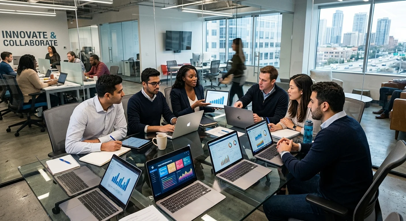 A dynamic, modern office scene from a high-angle view. A diverse group of professionals collaborates around a glass table with laptops and data charts. The mood is focused, innovative, and efficient, symbolizing optimized team building.