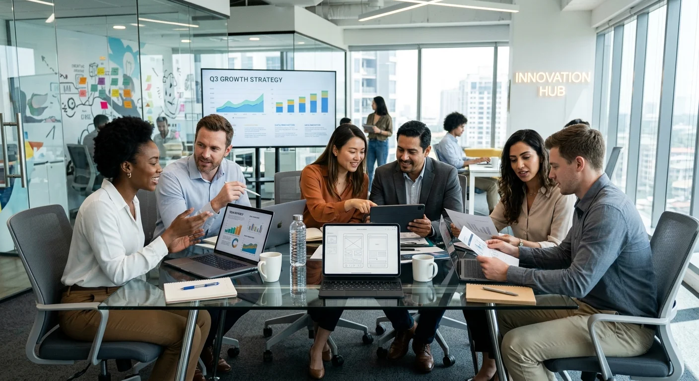 A modern, dynamic office environment with diverse team members collaborating around a sleek glass ta... A modern, dynamic office environment with diverse team members collaborating around a sleek glass table. The image should convey innovation, professionalism, and teamwork, with a focus on human interaction and technology.