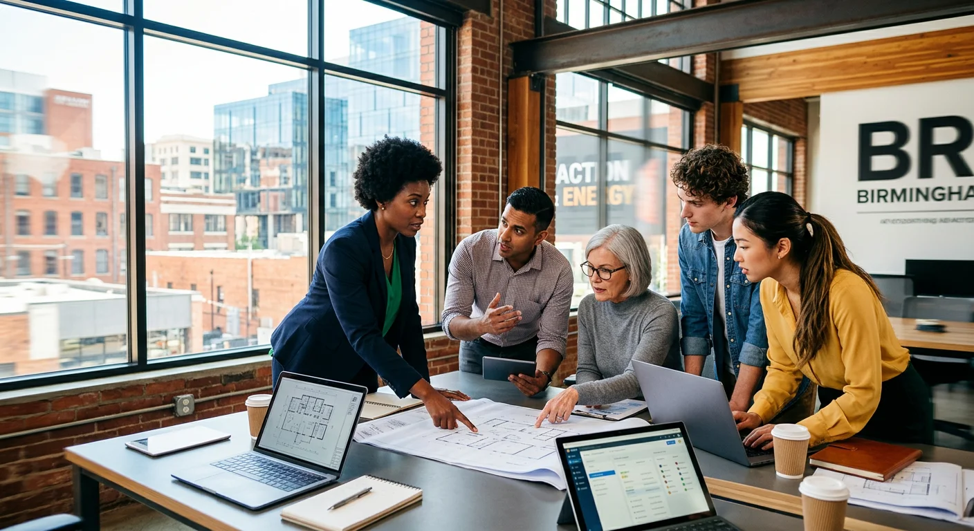 A dynamic, professional hero image showing a diverse group of people collaborating in a modern Birmingham office or industrial setting, with a focus on energy and immediate action. Style: Bright, vibrant, high-contrast. Mood: Urgent, professional, and empowering.