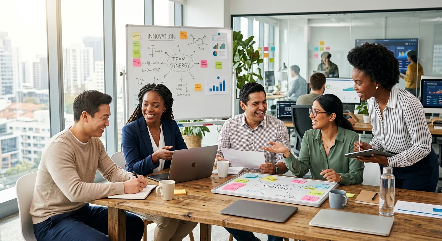 A modern, diverse team of professionals collaborating in a bright, sunlit office. Focus on their int... A modern, diverse team of professionals collaborating in a bright, sunlit office. Focus on their interaction and positive energy, with a blurred background of tech screens and whiteboards. Style: Professional, vibrant, and aspirational. Mood: Collaborative, successful, forward-thinking.