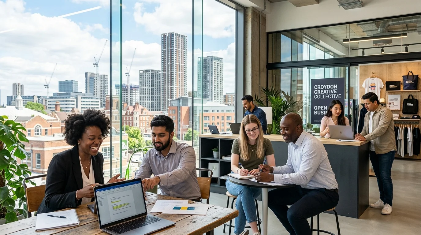 A dynamic, professional hero image showing a diverse group of people working collaboratively in a modern Croydon office or retail setting, with the iconic Croydon skyline visible through a window. Style: Bright, optimistic, high-resolution. Mood: Energetic and aspirational.