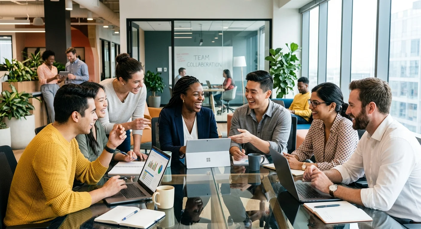 A professional, high-energy photograph of a diverse team collaborating in a modern office setting, s... A professional, high-energy photograph of a diverse team collaborating in a modern office setting, smiling and engaged, representing successful hiring and teamwork.