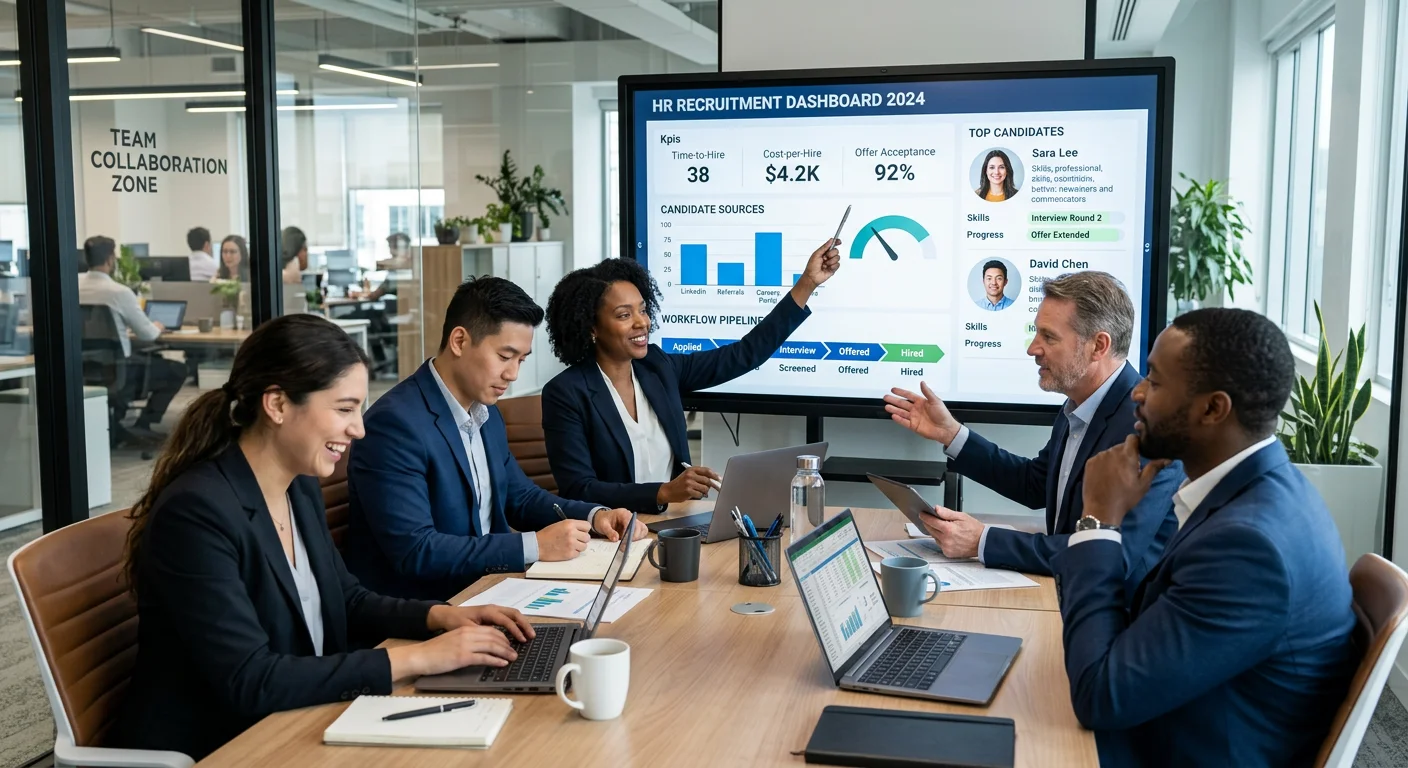 A modern, professional business setting with a diverse team of managers and HR professionals collabo... A modern, professional business setting with a diverse team of managers and HR professionals collaborating over a digital dashboard showing recruitment metrics, candidate profiles, and workflow charts. The mood is focused, efficient, and data-driven.