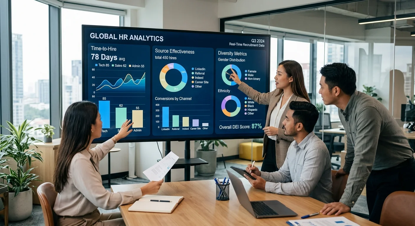 Modern HR analytics dashboard on a large screen, showing real-time graphs for time-to-hire, source effectiveness, and diversity metrics, with a team discussing insights