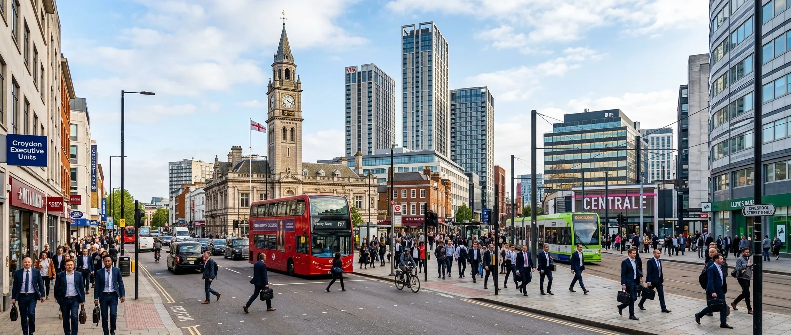 A modern, vibrant panoramic shot of Croydon's skyline featuring the Croydon Clocktower and bustling... A modern, vibrant panoramic shot of Croydon's skyline featuring the Croydon Clocktower and bustling street scenes, with professionals walking to work, conveying opportunity and economic activity.