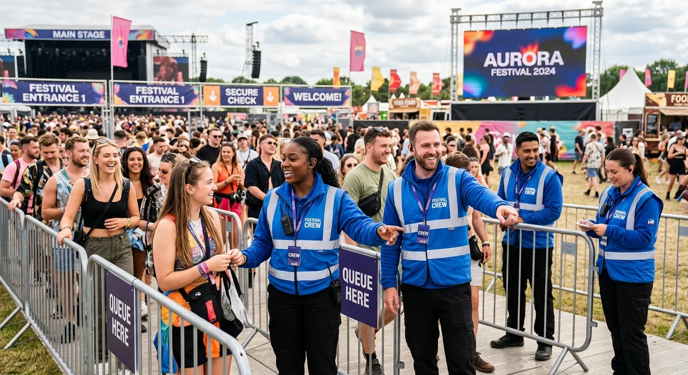 A professional, high-energy photo of a team of event stewards in uniform at a large festival. They a... A professional, high-energy photo of a team of event stewards in uniform at a large festival. They are smiling, assisting attendees, and managing a queue. Style should be modern, crisp, with a focus on teamwork and authority. Mood: Professional, confident, and welcoming.