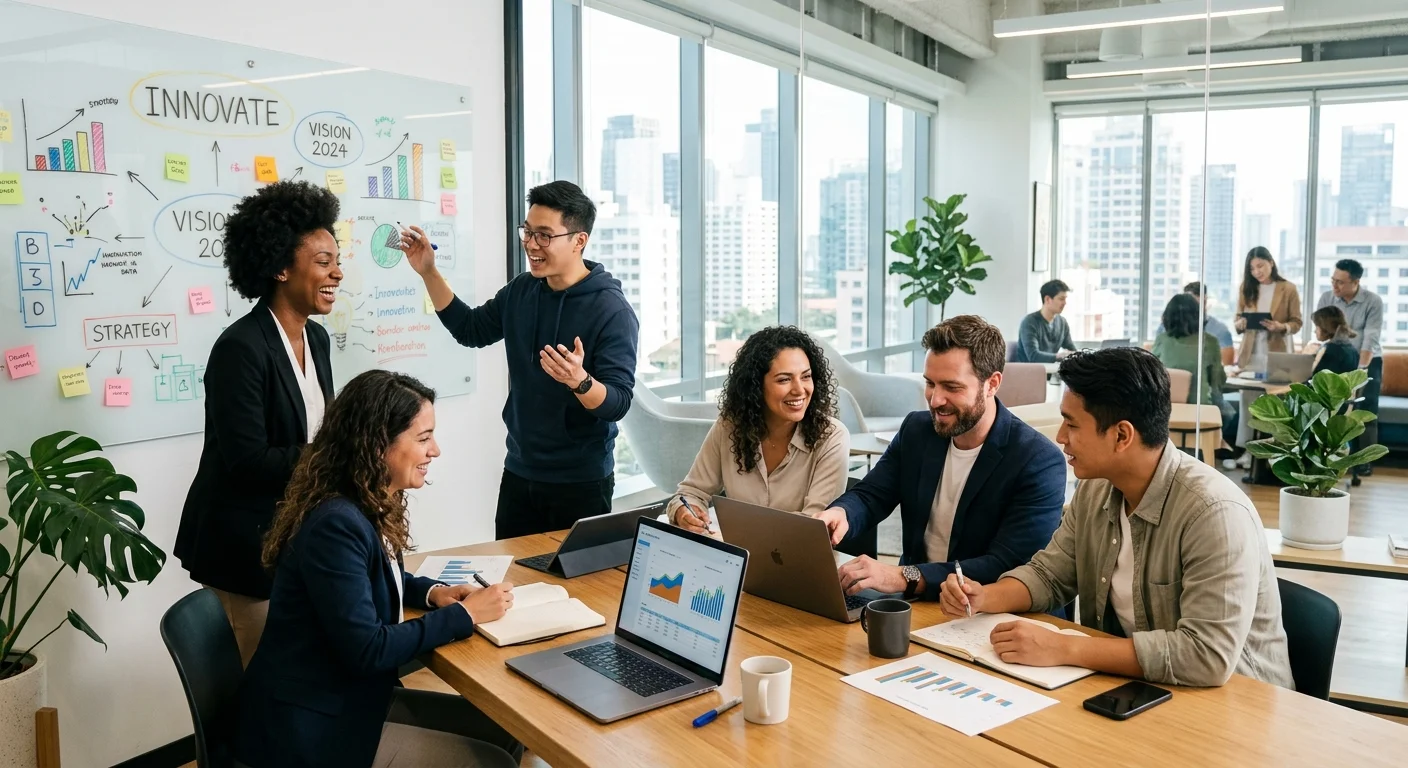 A modern, diverse team of professionals collaborating in a bright, sunlit office. Style is professional and aspirational, with a focus on teamwork and success. Mood is energetic, innovative, and forward-looking.
