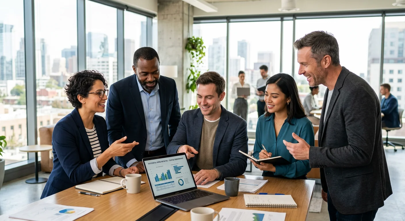 A modern, diverse group of professionals collaborating in a bright, sunlit office. They are engaged in a discussion around a laptop, representing successful hiring and teamwork. Style: professional stock photography, vibrant, high-resolution. Mood: optimistic, collaborative, and forward-thinking.