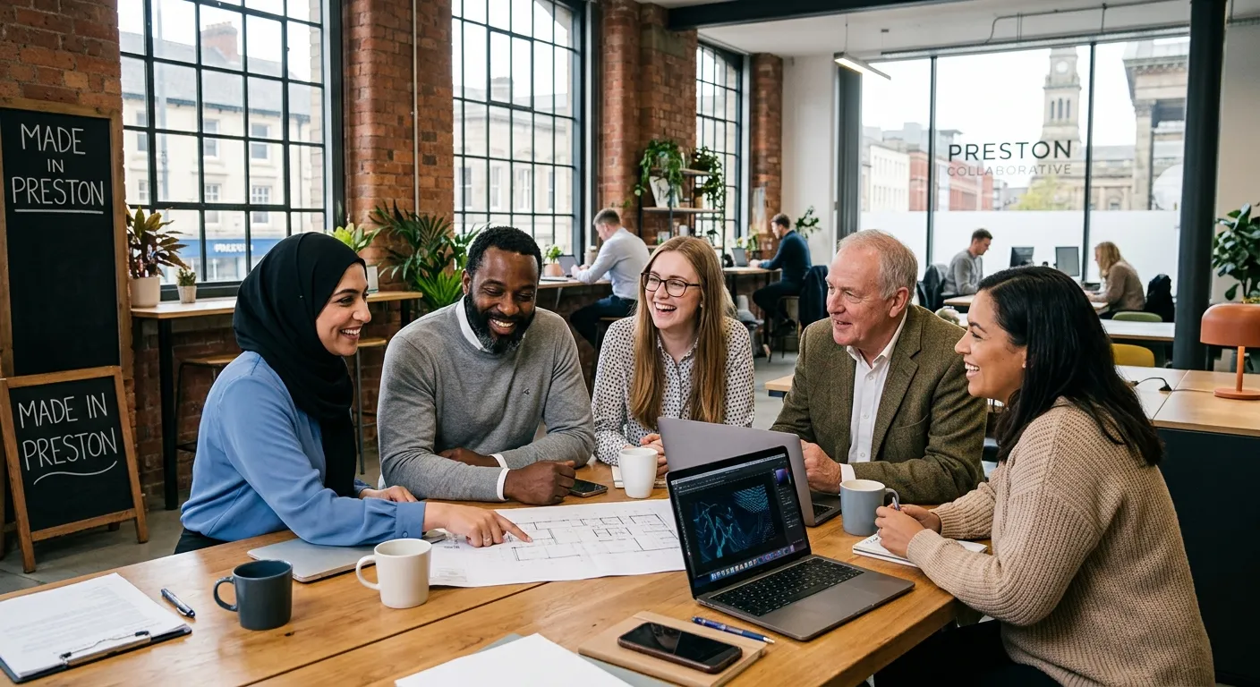 A professional, diverse group of workers smiling and collaborating in a modern Preston workplace, wi... A professional, diverse group of workers smiling and collaborating in a modern Preston workplace, with natural lighting and a sense of teamwork. Style: Authentic, professional, local. Mood: Optimistic, productive, welcoming.