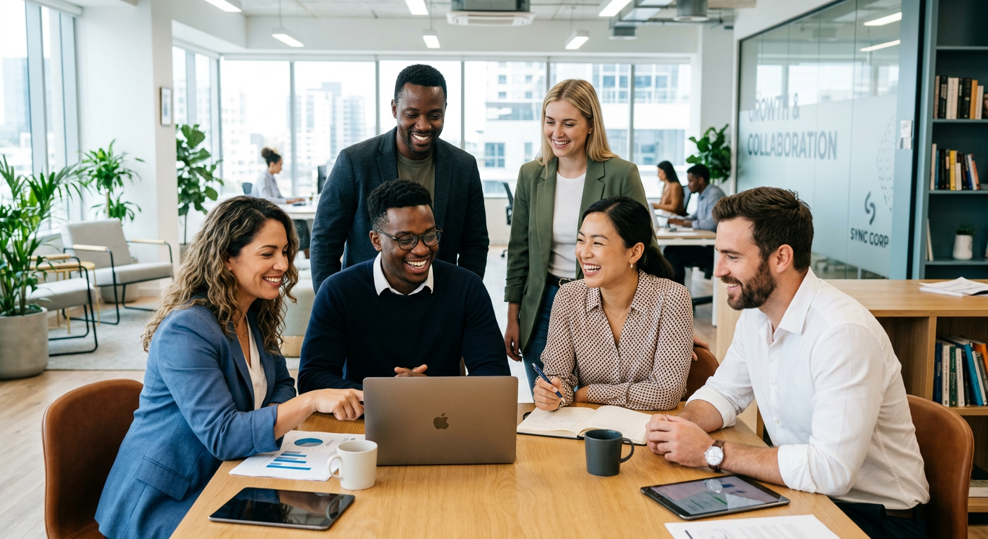 A diverse group of professional, confident employees in a modern office setting, collaborating and smiling, with a focus on teamwork and positive company culture. Style: High-quality, bright, professional stock photo.