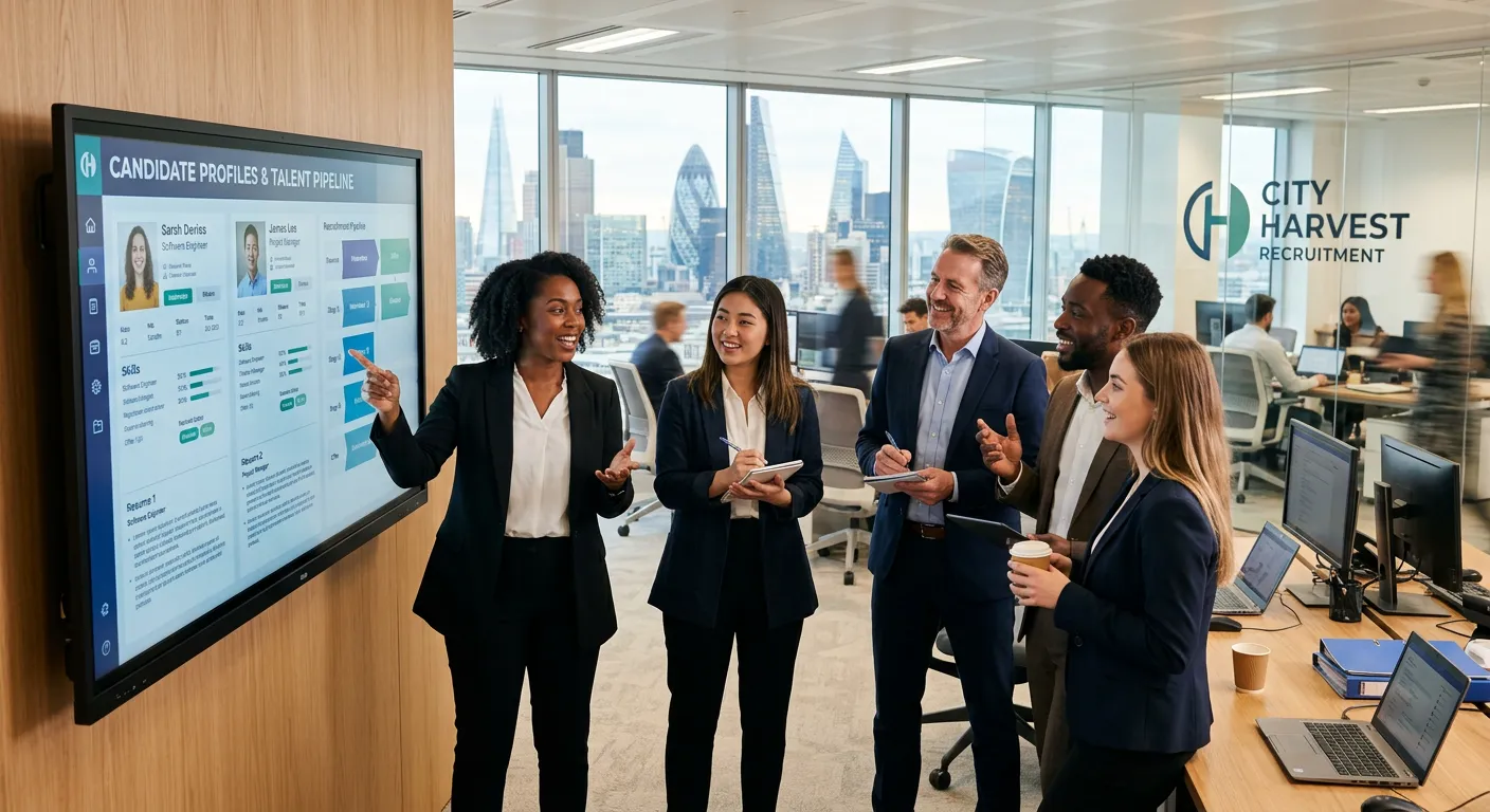 A dynamic, professional photo of a diverse team of recruitment consultants in a modern London office, discussing candidate profiles on a digital screen, conveying energy and expertise.