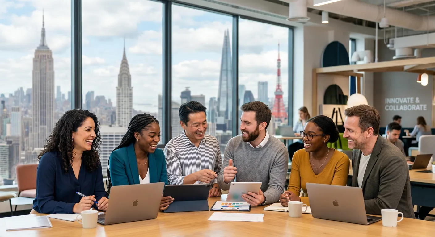 Professional, dynamic hero image showing a diverse group of workers in a professional setting, smiling and collaborating, with city landmarks subtly in the background. Modern, bright, and energetic style.