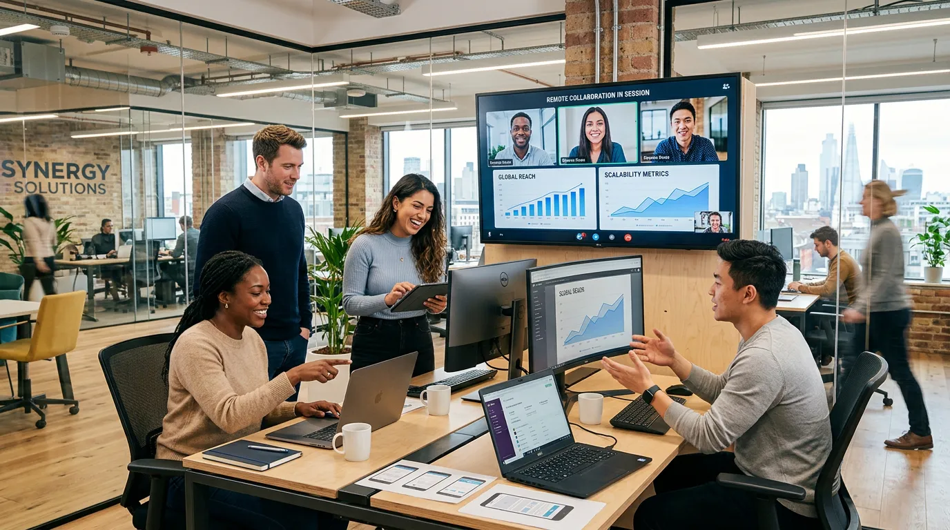 A dynamic, professional hero image showing a diverse team of remote and on-site professionals collaborating on multiple screens in a modern office. The mood is energetic, innovative, and scalable.