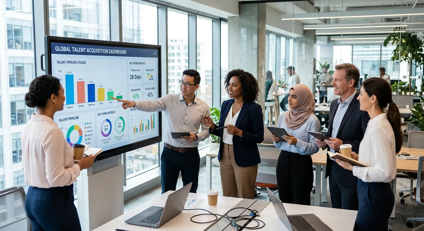 A modern, professional business setting. A diverse team of HR professionals and hiring managers collaborate over data on a large digital screen, with graphics showing talent pipelines and key metrics. Style: Clean, bright, and aspirational with a focus on teamwork and technology.